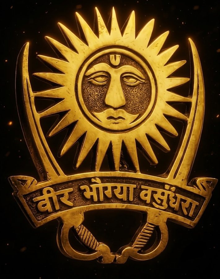 PRMWWS emblem: Surya with crossed swords and the motto Veer Bhogya Vasundhara